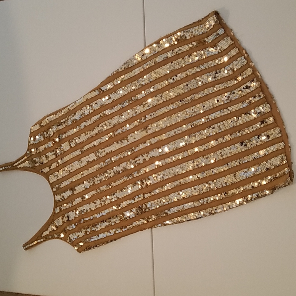 Gold Metallic Sequin and Silk Above Knee Shift Dress Party Dance Prom Sz 2 EUC - Picture 1 of 14